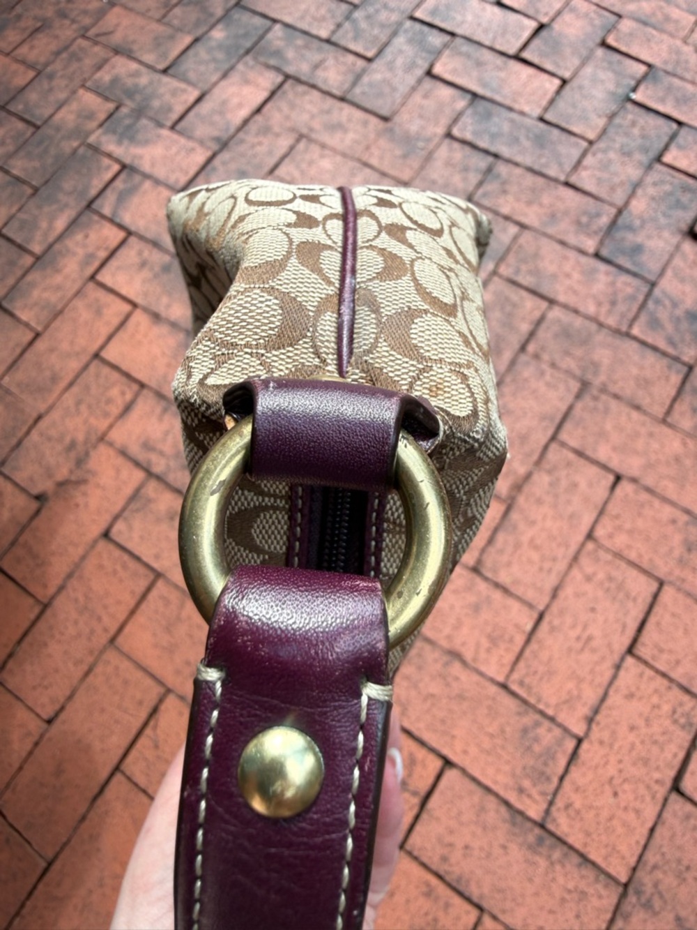 Coach Beige Signature Canvas Shoulder Bag with Plum/Burgundy Leather Panel - Picture 10 of 12